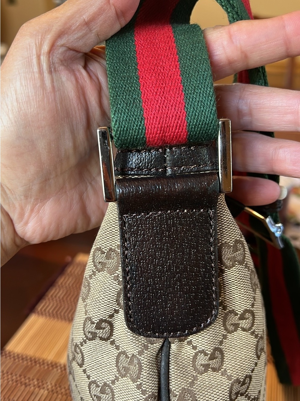 Gucci Beige Brown Monogram Crossbody with Green & Red Web Strap - Picture 9 of 16